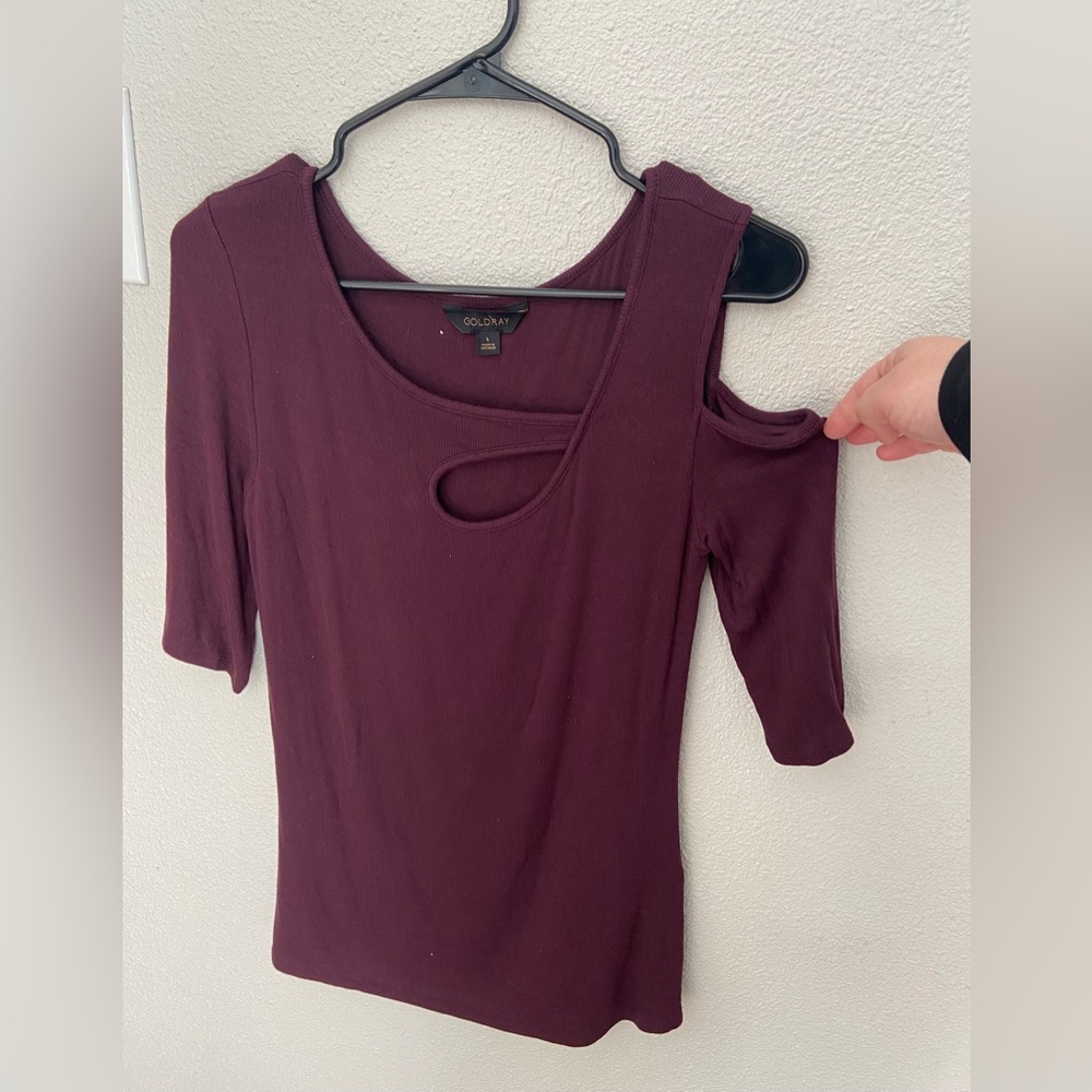 Goldray, Garima asymmetric cold shoulder top, burgundy, with a quarter sleeve.